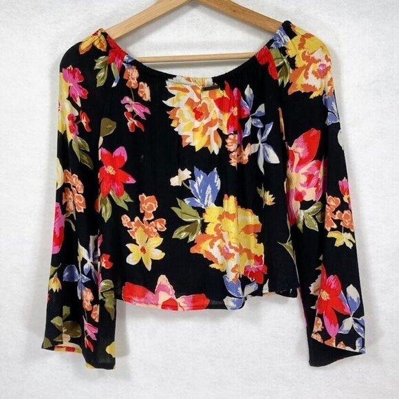 Billabong Light It Up Black On Or Off The Shoulder Floral Cropped Top Size S - Picture 8 of 10